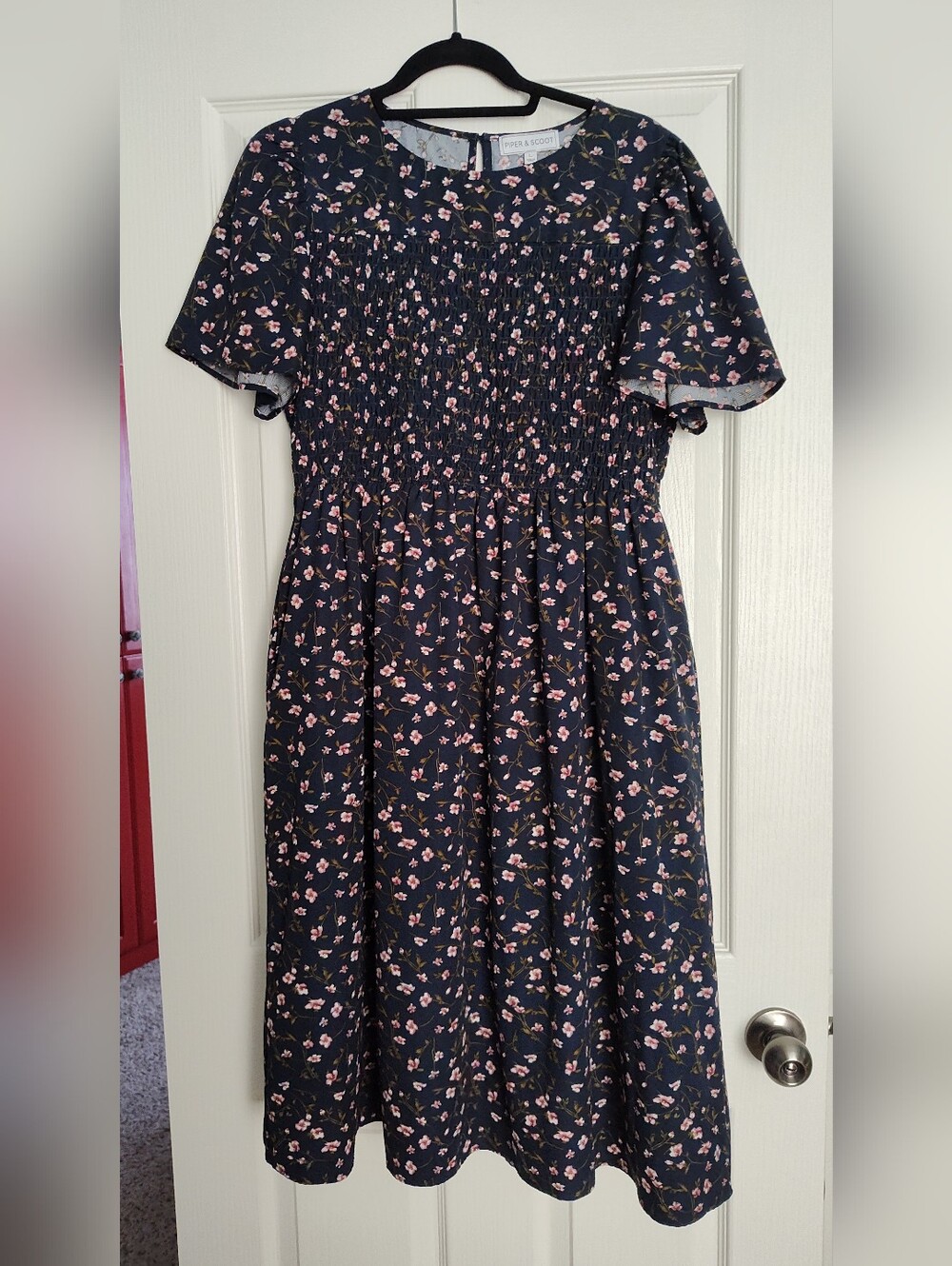 Piper & Scoot Navy Floral Smocked Midi Dress - Pink Floral